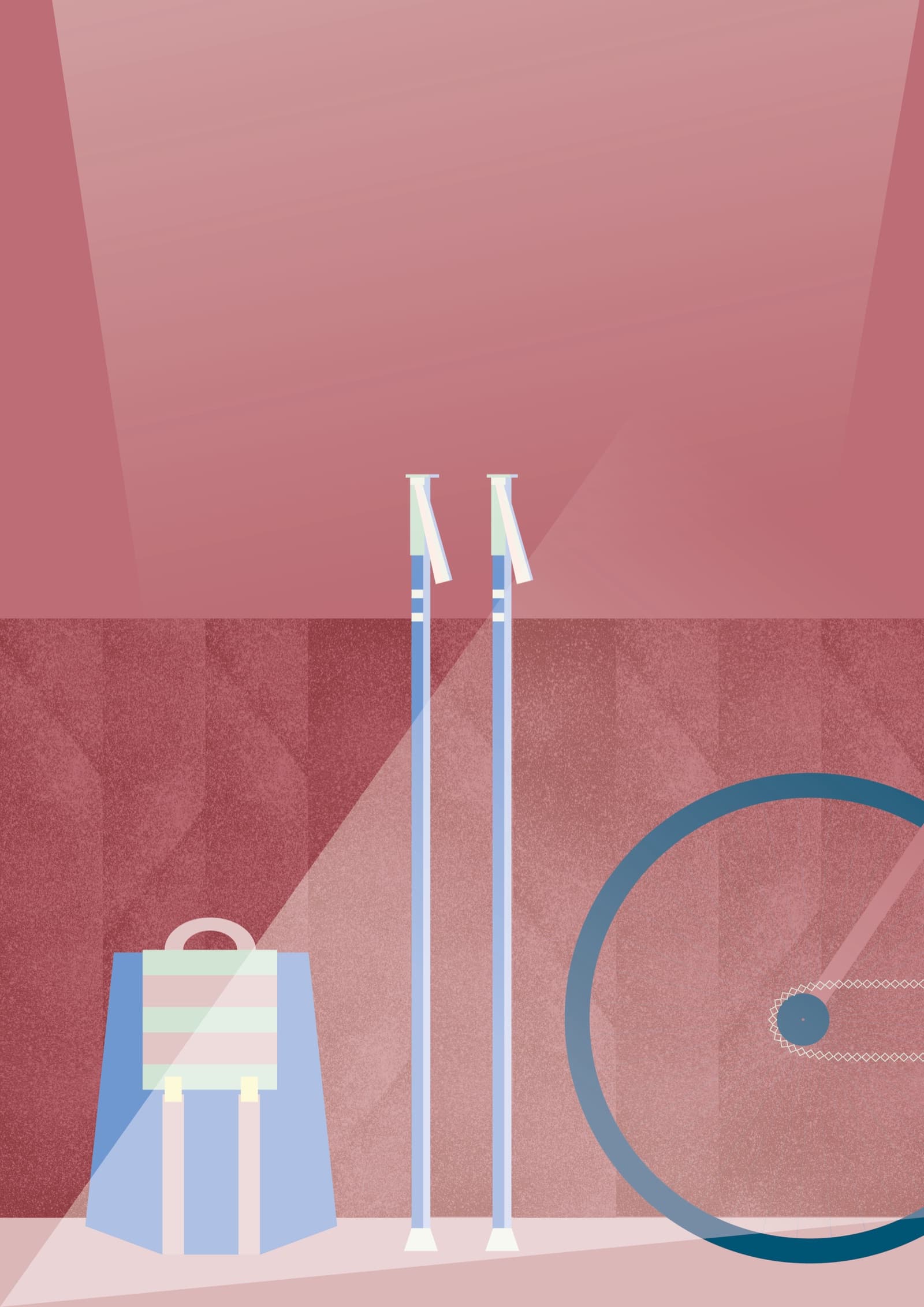 Illustration in Altrosa: Rucksack, Wanderstöcke und ein Fahrrad an der Wand, dazu ein schräg einfallender Lichtstrahl