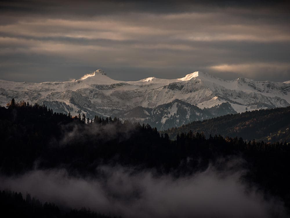 Schneebedeckte Alpengipfel über einem dunklen Waldrücken, Nebelschwaden im Tal