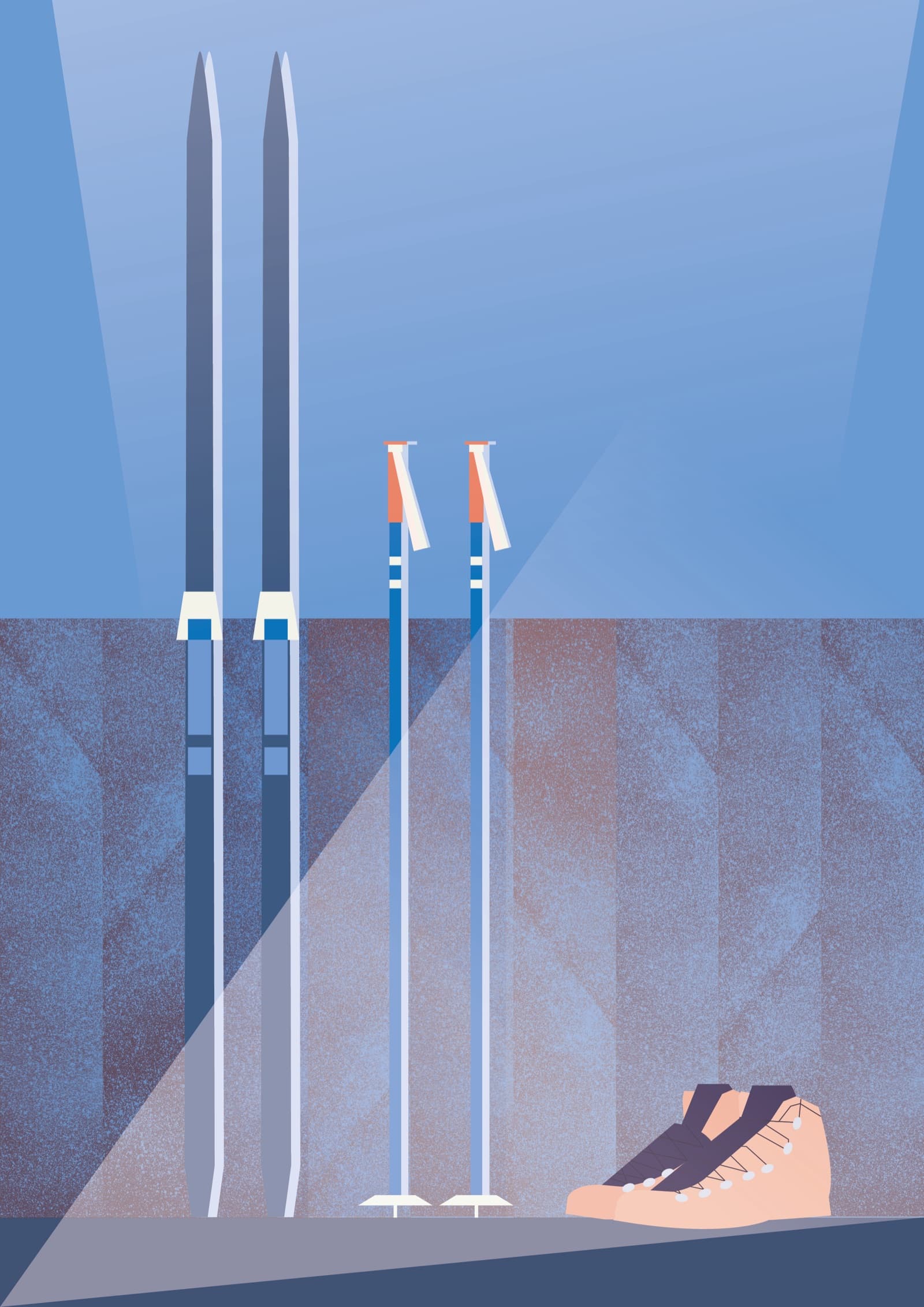 Illustration in Blautönen: aufgestellte Langlaufski, zwei Skistöcke und ein Paar geschnürte Stiefel, dazu ein schräg einfallender Lichtstrahl