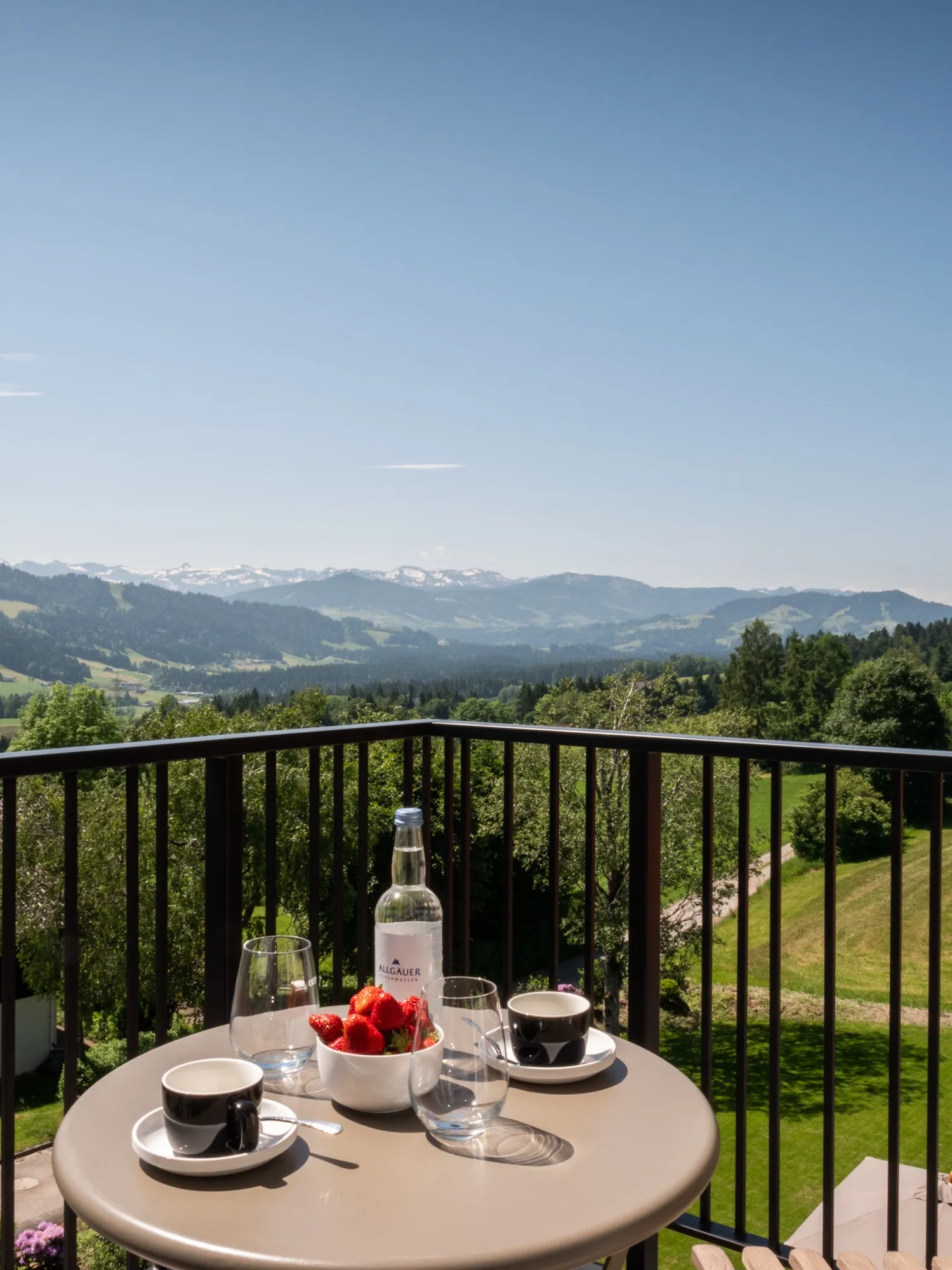 Frühstück auf dem Balkon der Suite Acht, Blick über Wiesen bis zu den schneebedeckten Alpen